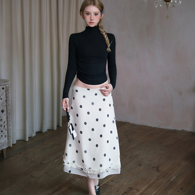复古宫廷风低腰波点花边半身裙
