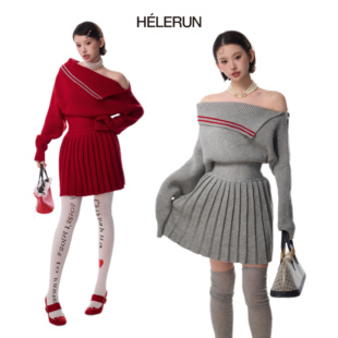 原版 原创连衣裙不规则海军领收腰百褶撞色毛衣 羊毛HELERUN