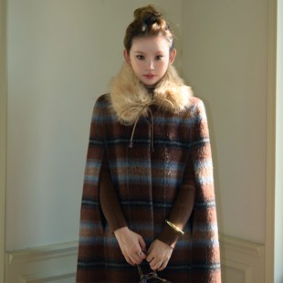 HELERUN 羊驼羊毛原创斗篷双面尼子大衣格纹毛呢外套女 留洋千金