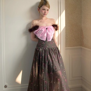 子礼服蝴蝶结收腰长裙 千金雪纺蝴蝶印花连衣裙毛毛袖 HELERUN 法式