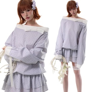 荷叶边连衣裙春 斜肩衬衫 HELERUN 「少女日记」蝴蝶结波点一字肩