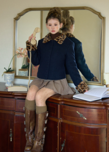 HELERUN 原创100羊毛加厚保暖呢子短外套复古豹纹毛领毛呢大衣女