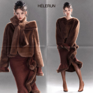 短款 气质时尚 环保毛毛外套 「枫叶焦糖」原创系带皮草冬季 HELERUN