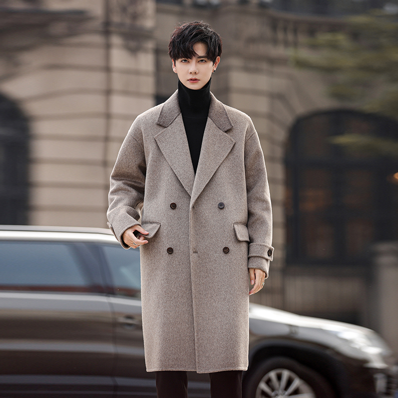 撞色羊毛呢子男大衣外套2024秋冬季新款加厚中长款双面呢男装外衣