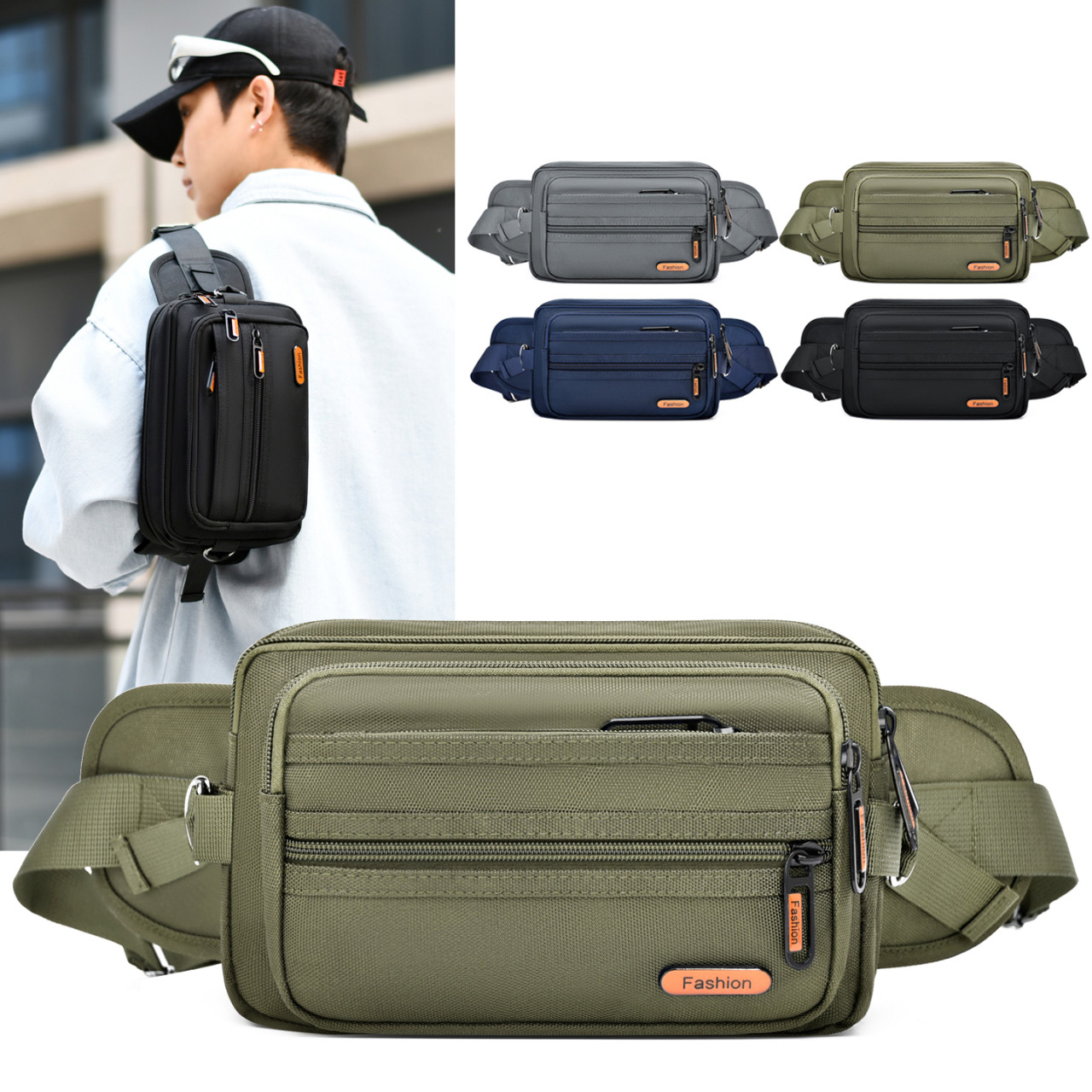 男士多口袋腰包大容量防水耐磨户外运动斜挎包商务休闲机能风男包