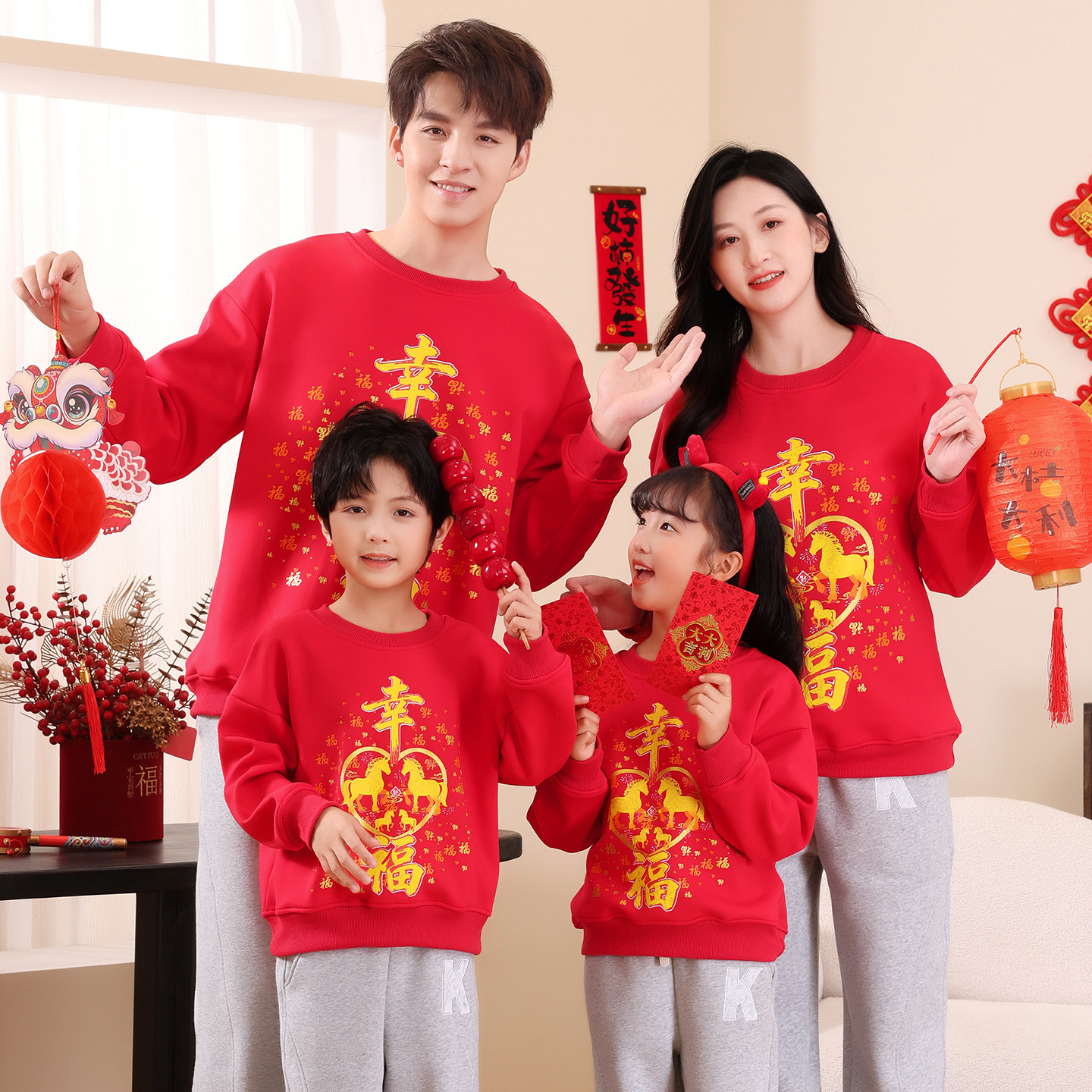 拜年服亲子装卫衣加绒一家三口四口秋冬季儿童过年炸街母女红色潮