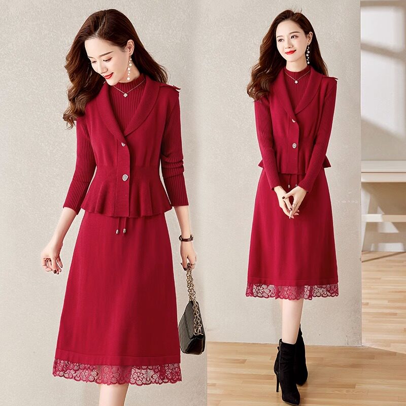 套装羊毛衫纯色中长款加厚裙子