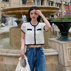 #Real price ᦇ small fragrance design small crowd high waist short open navel short sleeve T-shirt women's summer