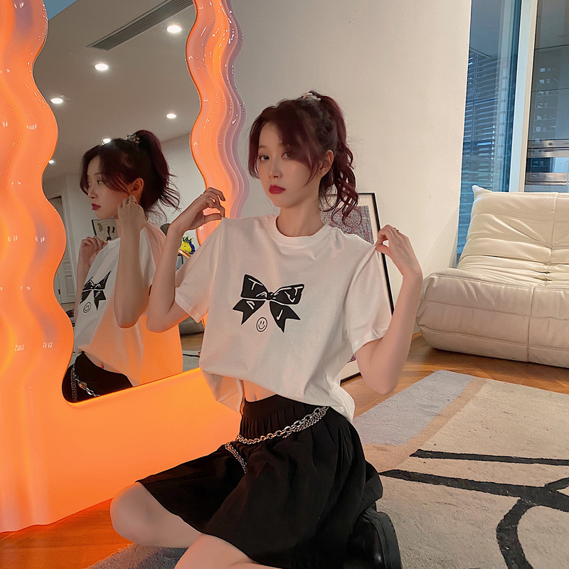 #Real price ᦇ design sense small group loose chic white cotton short sleeve T-shirt women's summer