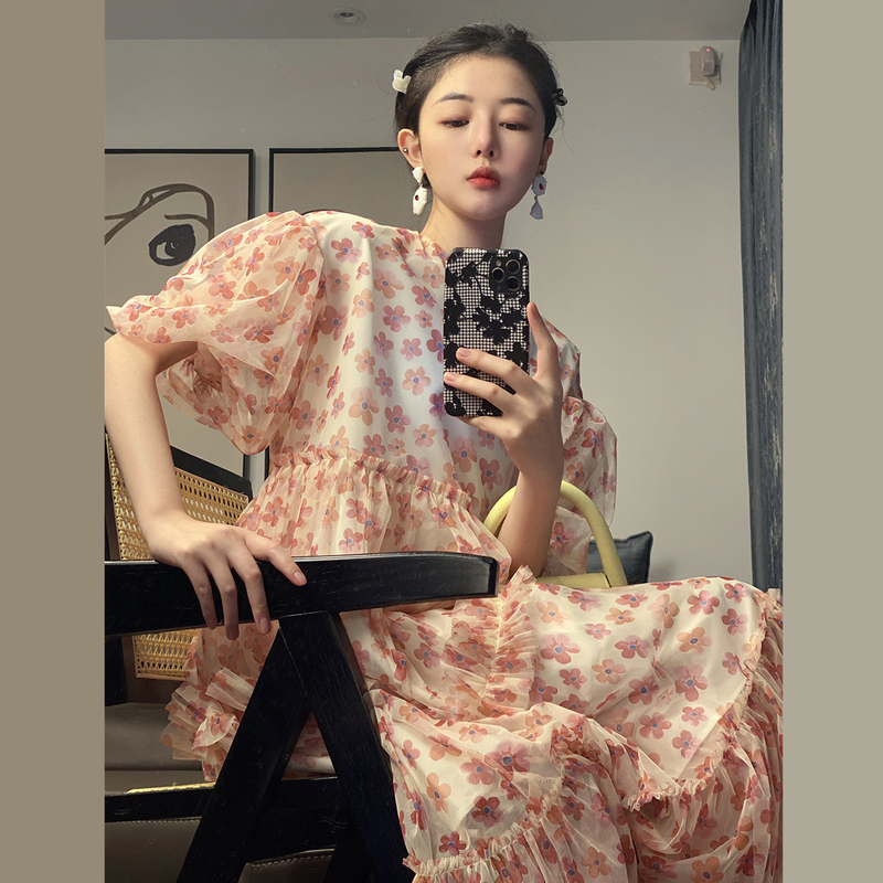 #Real price ᦇ French gentle style bubble sleeve floral dress women's summer
