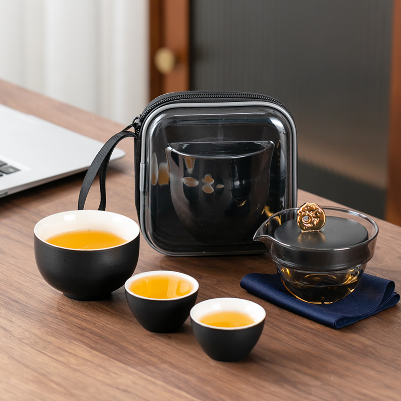 高档祥龙陶瓷旅行茶具套装快客杯