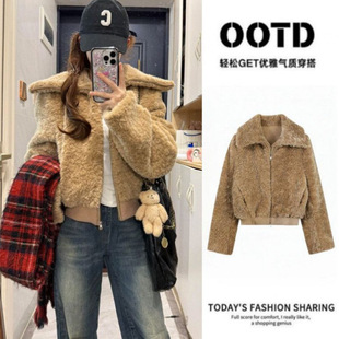 驼色毛毛外套女款冬季毛茸茸羊羔毛绒巨好看独特漂亮冬装厚短上衣