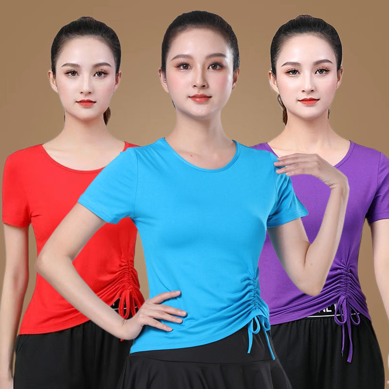 夏季新款广场舞服装短袖上衣圆领抽绳拉丁舞团体活动健身操舞蹈服