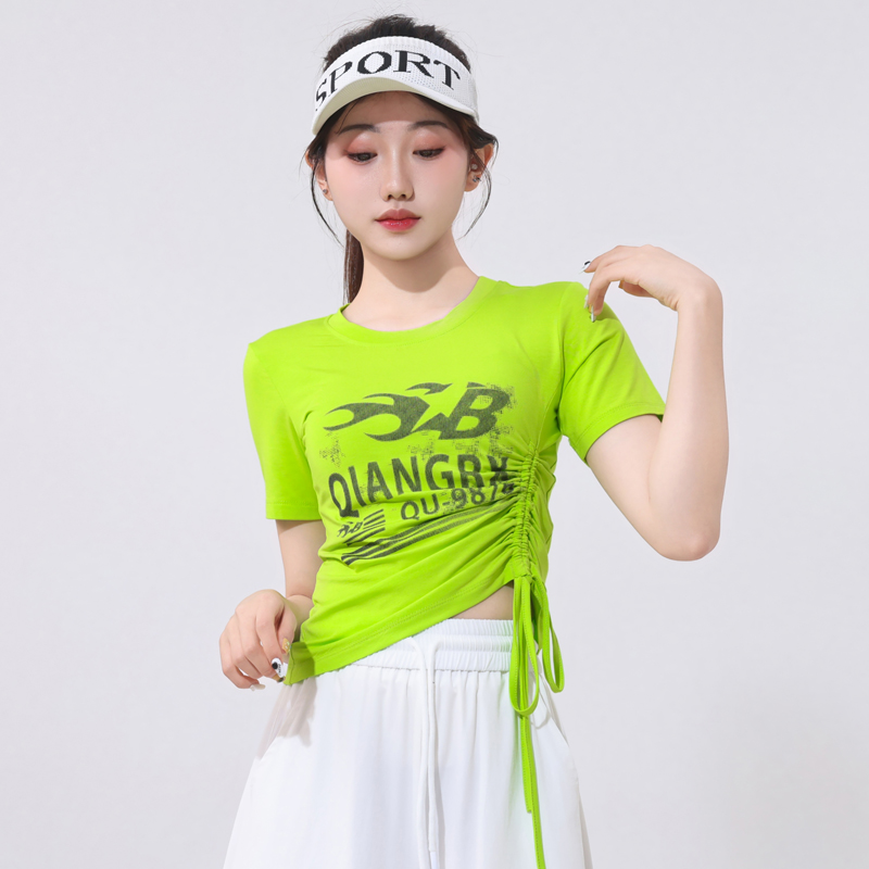 广场舞服装新款上衣短袖透气曳舞显瘦T恤时尚爵士舞抽绳百搭上衣