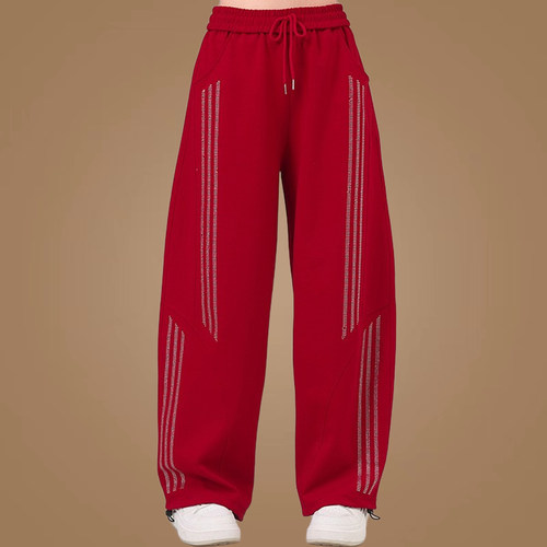 广场舞裤子新款宽松阔腿裤跳舞健身操运动裤曳步舞时尚烫钻弯刀裤