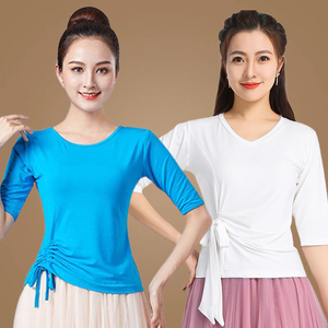 时尚显瘦舞蹈衣服夏季广场舞外穿T恤系带收腰跳舞衣莫代尔打底衫