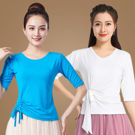 时尚显瘦舞蹈衣服夏季广场舞外穿T恤系带收腰跳舞衣莫代尔打底衫