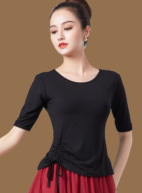新款抽绳中袖舞蹈服装女中老年莫代尔广场舞跳舞衣服蓝色黑色上衣