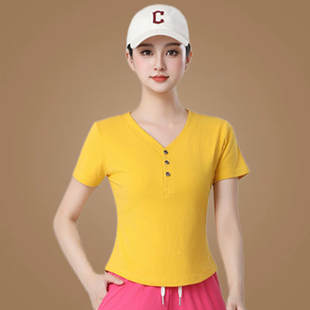夏季新款短袖上衣女广场舞服装V领演出舞蹈服燕尾弧显瘦跳舞t恤棉