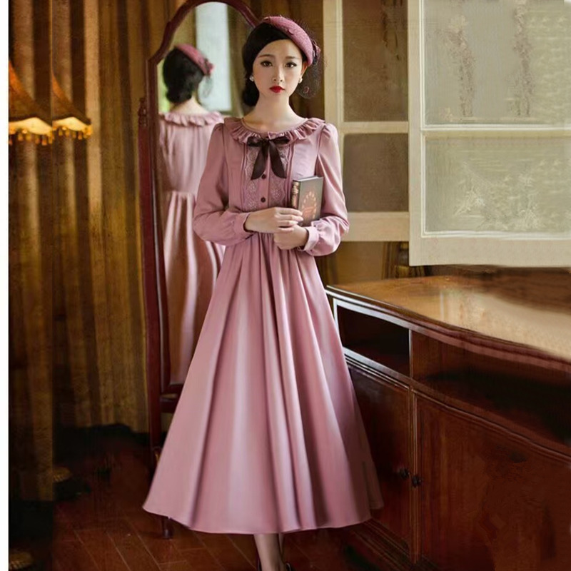 复古秋季文艺连衣裙长袖显瘦雪纺