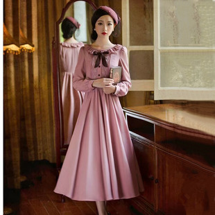 文艺民国淑女连衣裙长袖 新款 大摆显瘦雪纺中长裙 复古学院秋季 法式