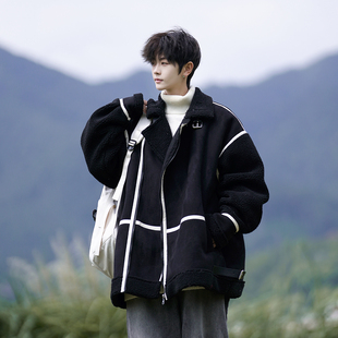 羊羔毛皮毛一体外套男款冬季加厚美式潮牌撞色棉衣青少年大码棉服