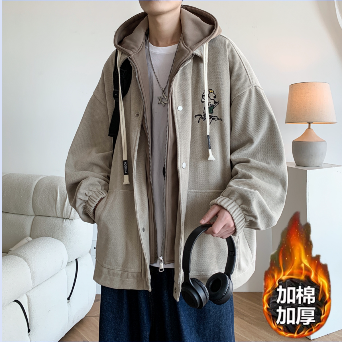 日系假两件外套男春季青少年宽松夹克大码冬季加厚男生棒球服棉服