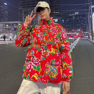 东北大花棉袄男款冬季国潮大码棉衣外套牡丹花面包服过年喜庆棉服