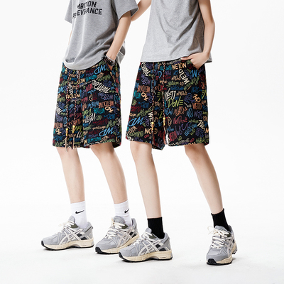 美式复古涂鸦针织五分短裤男