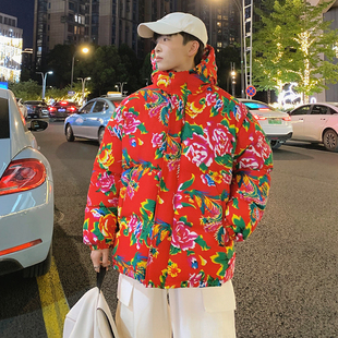 国潮宽松棉衣加厚牡丹花过年喜庆棉服东北大花棉袄连帽冬季面包服
