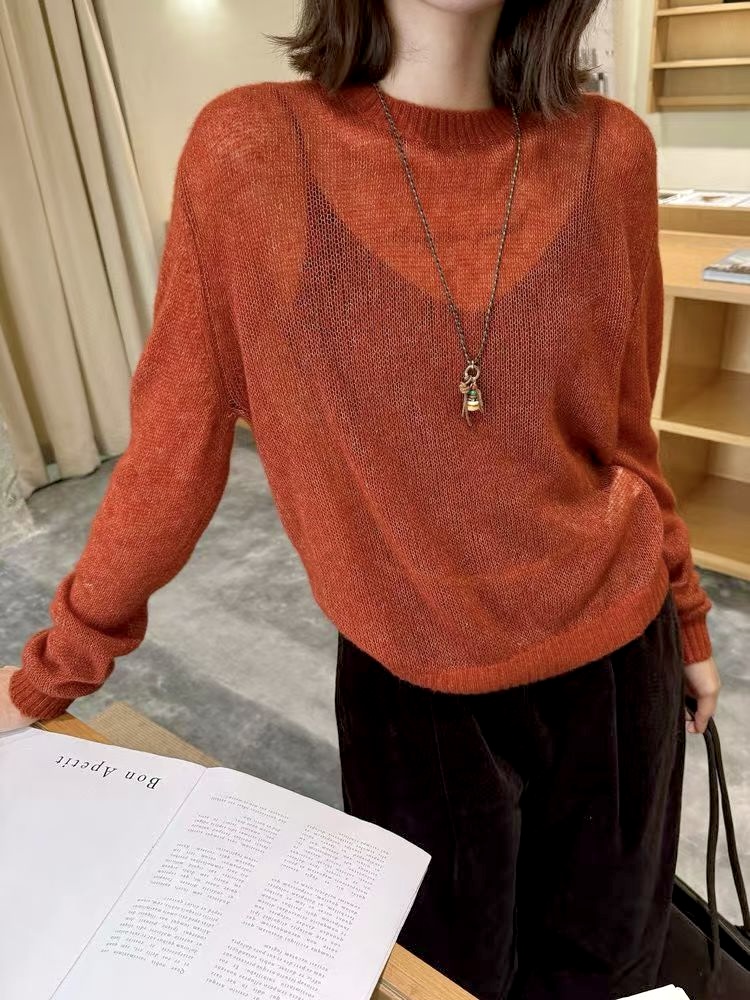 欧货25新款羊绒羊毛轻柔蓬松慵懒针织衫女圆领长袖薄款打底上衣