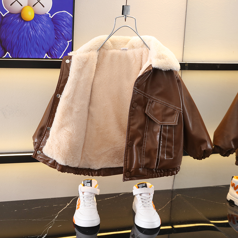 男童外套冬装皮衣2025新款小儿童夹克男孩加绒宝宝秋冬季童装潮帅