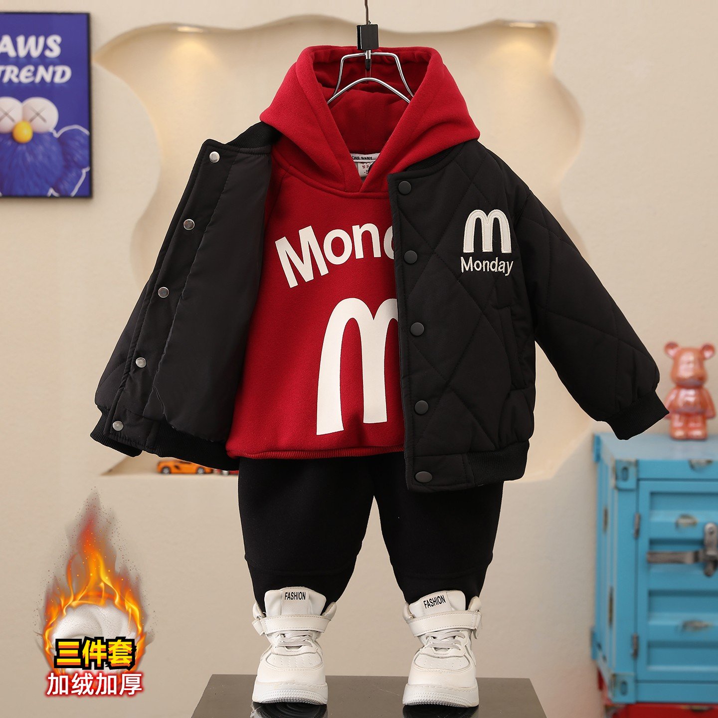 男童加绒套装2025新款秋冬季夹棉宝宝冬装儿童外套男孩棉服帅气潮