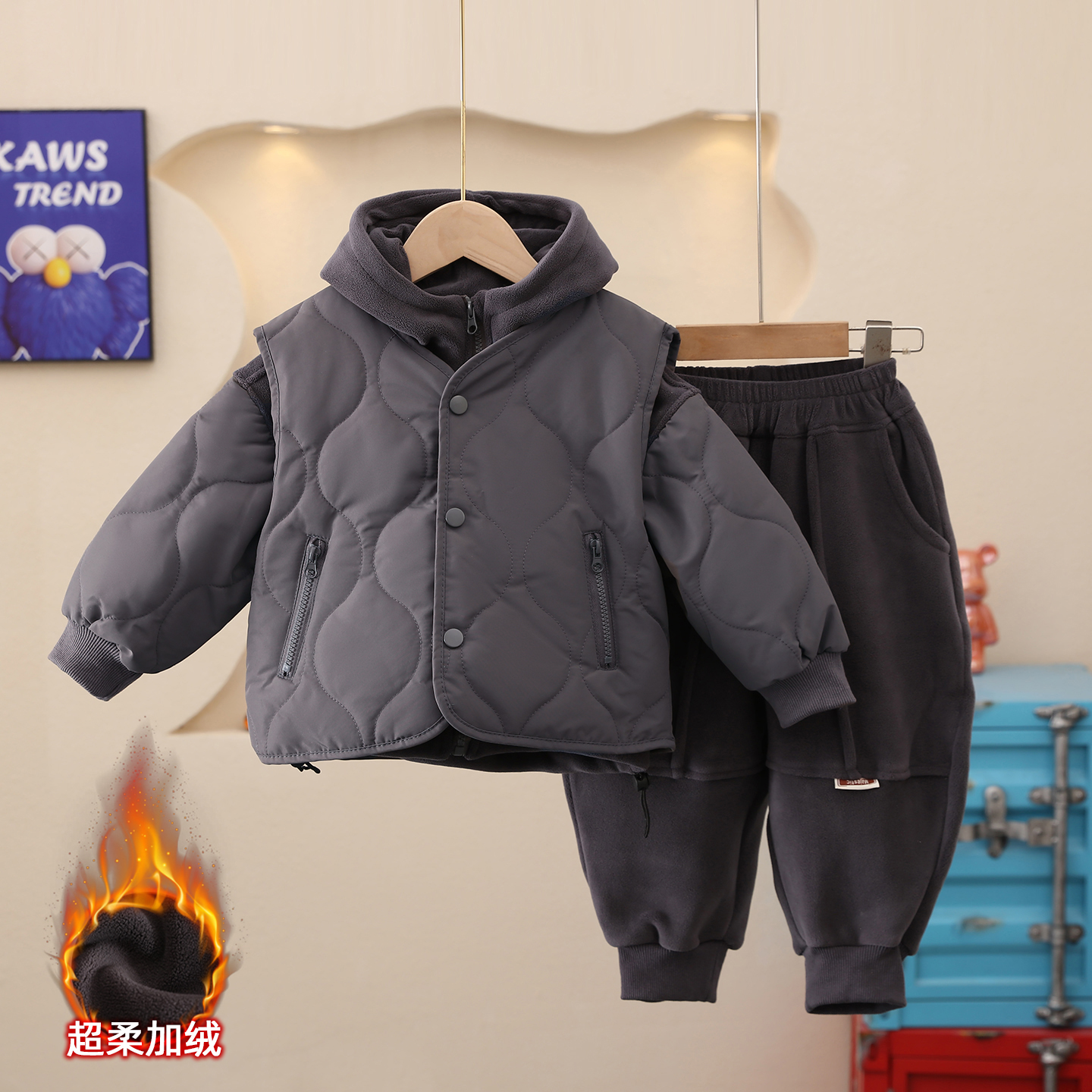 男童加绒套装加厚卫衣宝宝棉马甲儿童连帽棉衣服男孩三件套秋冬款