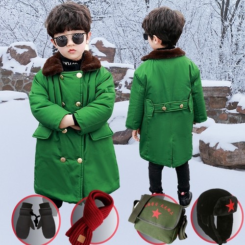 纯棉中长款儿童军大衣加绒厚棉袄