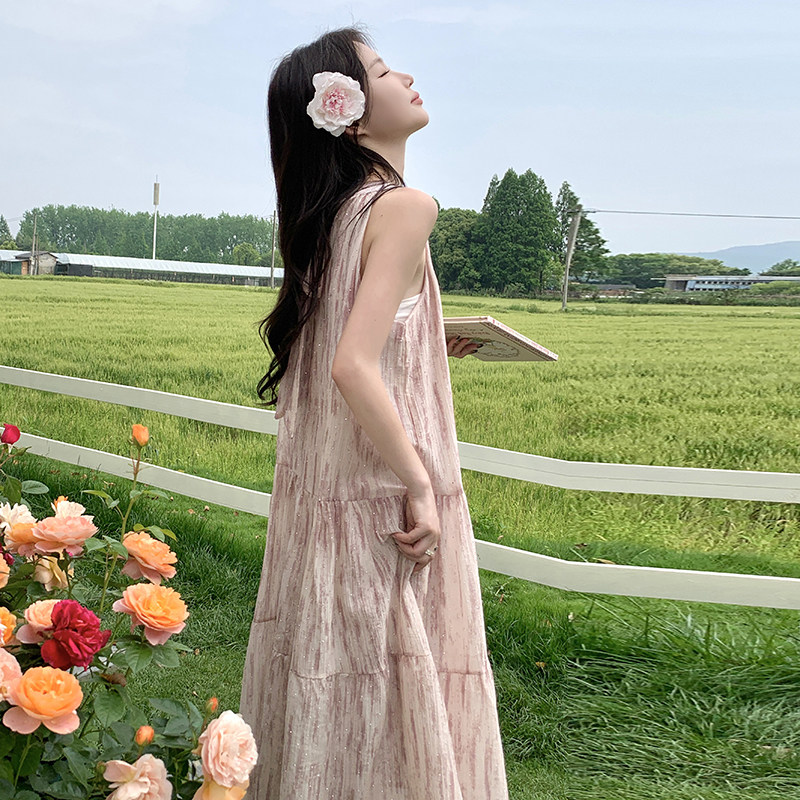 法式减龄粉色扎染无袖背心连衣裙女夏2025新款甜美显瘦多巴胺长裙,女装连衣裙,浙宝176（原073）