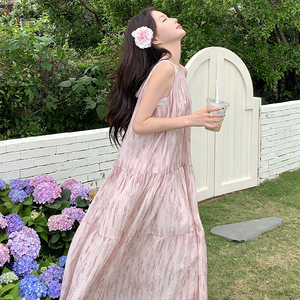 法式减龄粉色扎染无袖背心连衣裙女夏2025新款甜美显瘦多巴胺长裙图片