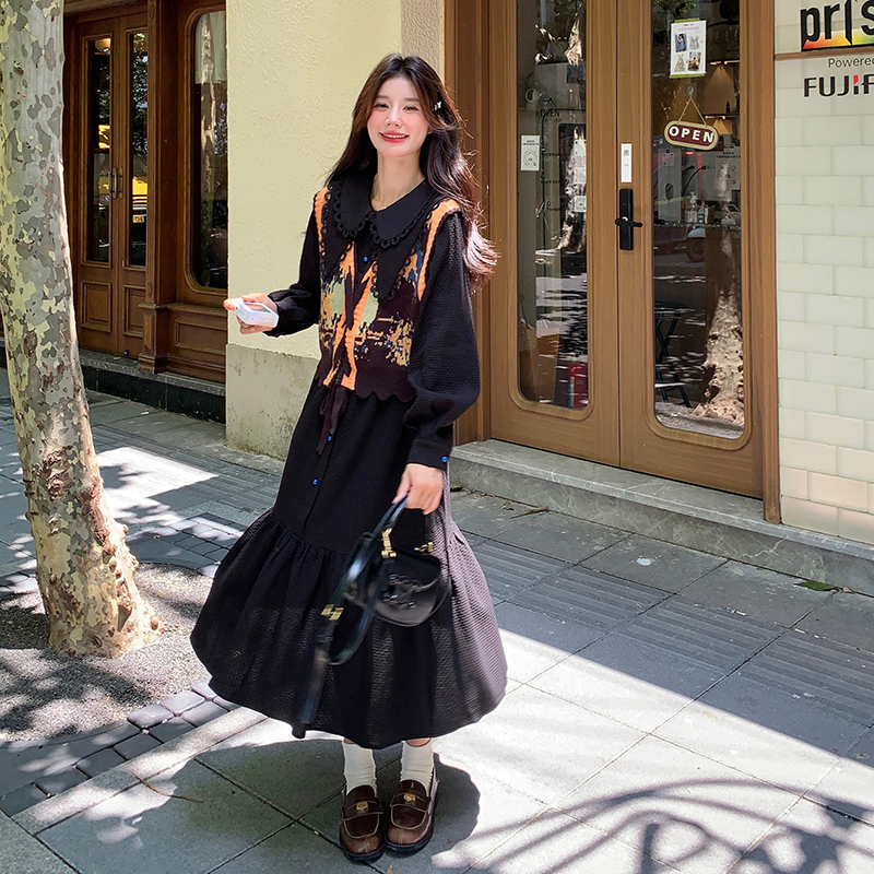 法式油画针织马甲黑色连衣裙女春季2025新款小众复古赫本风，女装连衣裙，浙宝176（原073）
