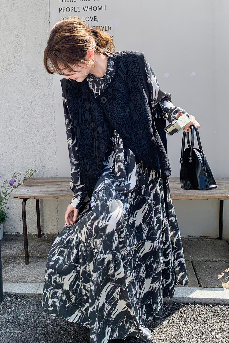 【数据好】新中式西装马甲水墨画连衣裙两件套8815-P170-K255,女装连衣裙,浙宝176（原073）