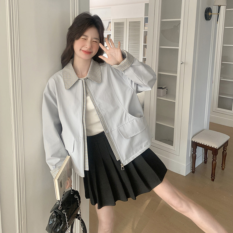 浅蓝色可盐可甜假两件显瘦夹克上衣女早春新款小个子休闲短款外套，女装短外套，浙宝176（原073）