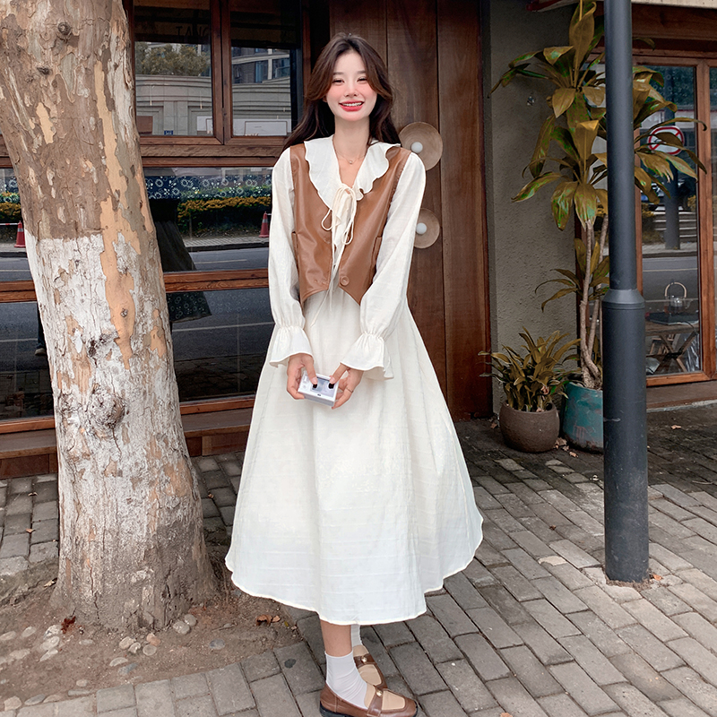 高级感白色连衣裙套装女2024秋季新款法式复古马甲长裙时尚两件套，女装连衣裙，浙宝176（原073）