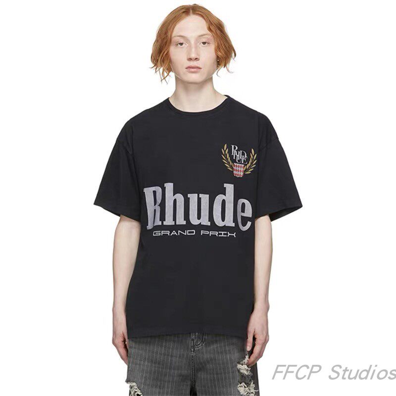 rhude 麦穗字母logo复古大写水洗做旧美潮高街宽松高街新短袖t恤