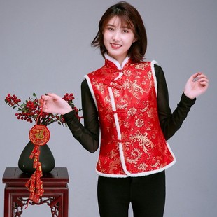 马夹工装 红色马甲女秋冬中国风坎肩酒店庆典喜庆中式 棉背心唐装