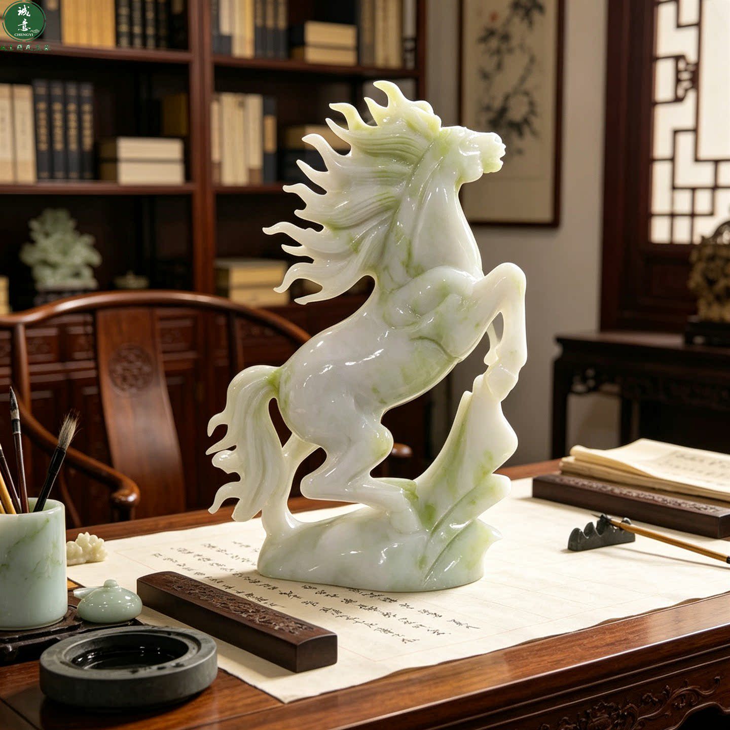 中式客厅办公室桌面天然蓝田玉石雕生肖马到成功马摆件高级感装饰