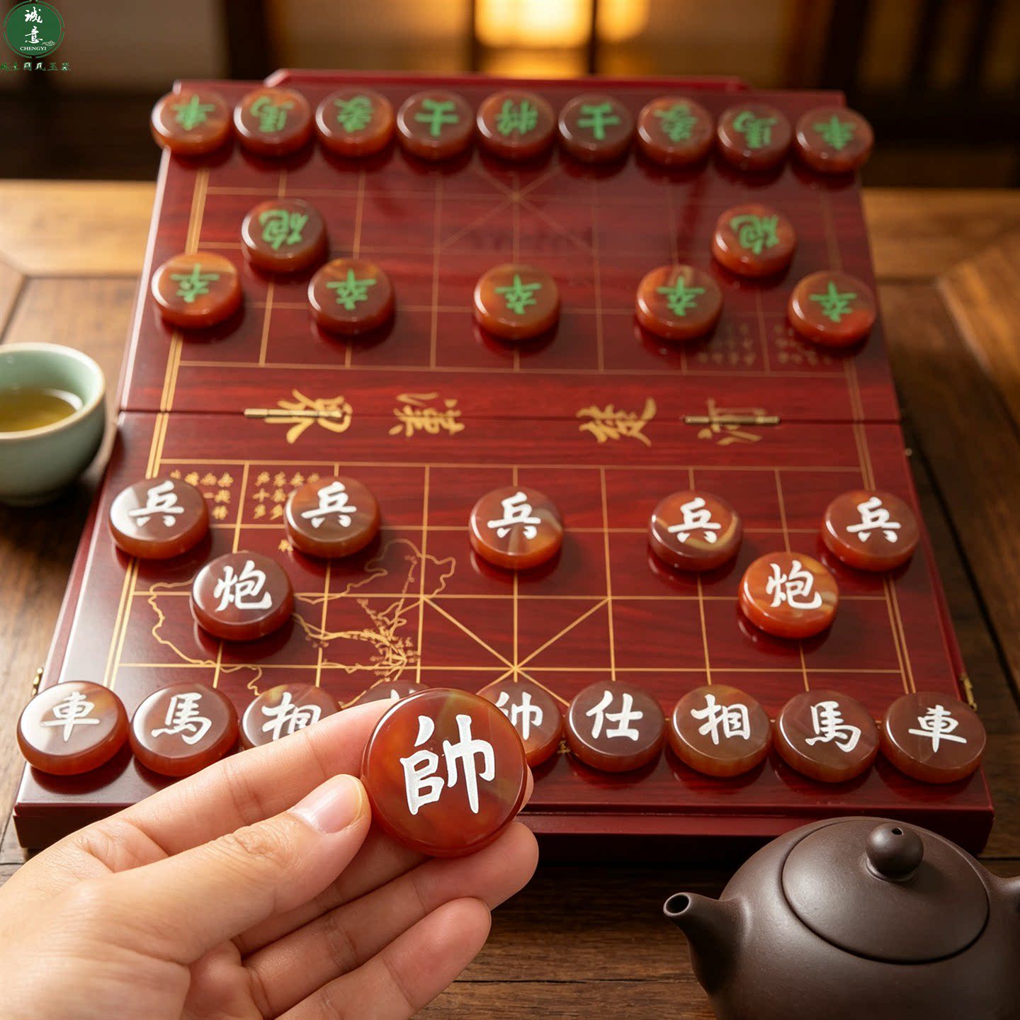 天然红色玛瑙中国象棋礼盒送长辈
