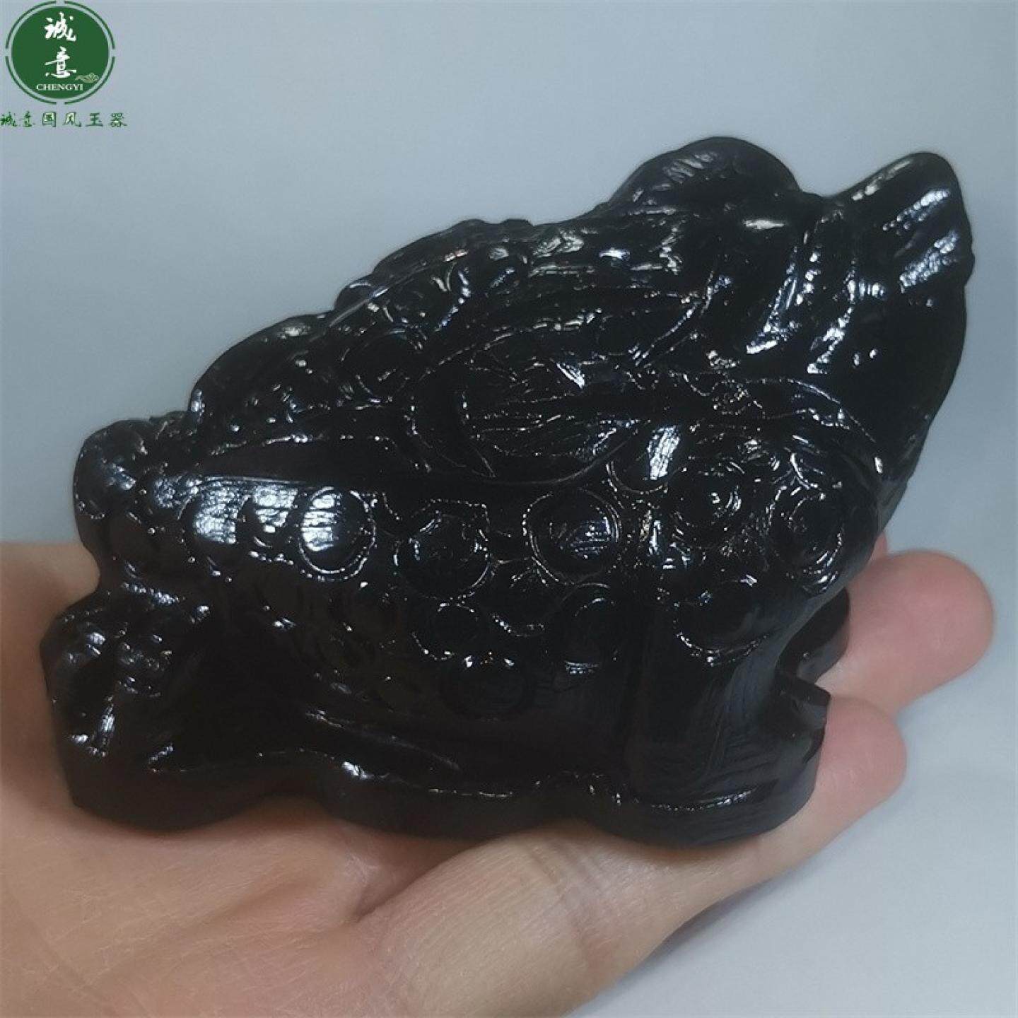 黑色石材招财金蟾中式桌面小摆件