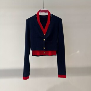 佳禾艾诺丝2026春新款撞色V领假两件针织开衫毛衣女BR801144-1180