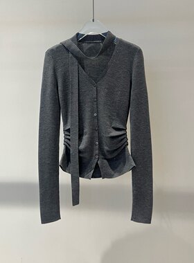 商场同款2026春季新款排扣收腰V领飘带针织衫毛衣女BR801145-980