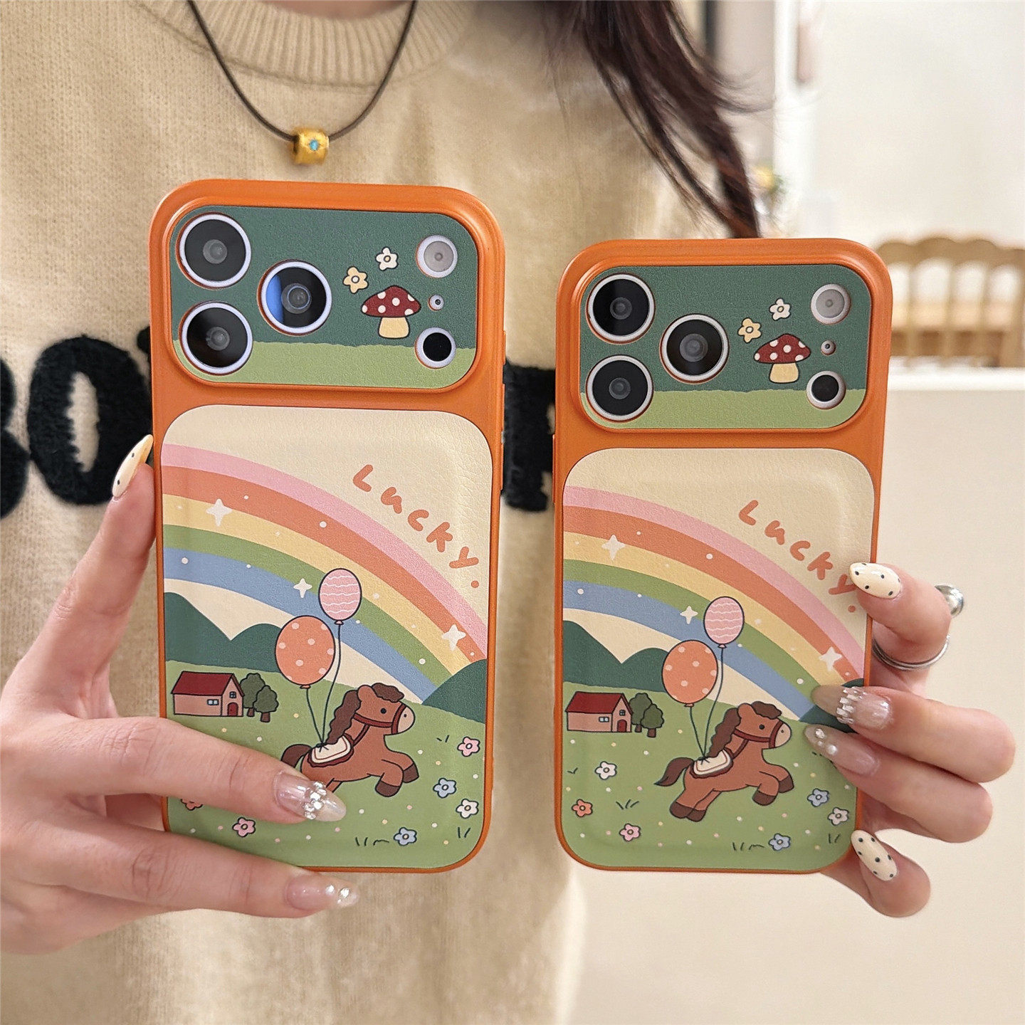 煜通趣味新款橙色草原彩虹气球小马iPhone17/16手机壳适用苹果15/14promax皮质硬壳个性创意高级感潮
