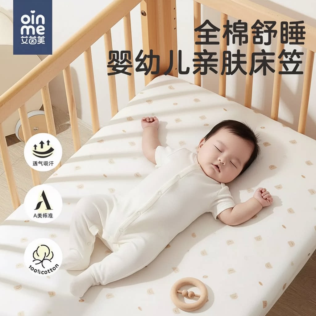 艾茵美婴儿床笠a类纯棉新生儿床单床垫套宝宝专用床罩拼接床秋冬